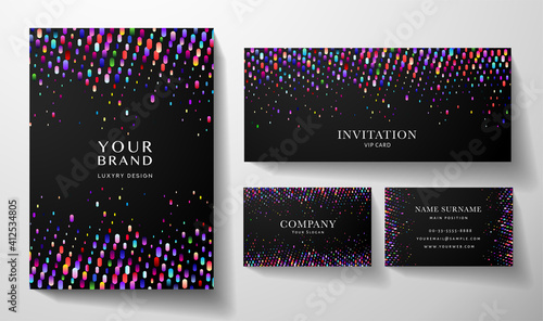 Modern colorful design set: cover, premium business card, invitation with circular dots. Rainbow gradient pattern on black background. Collection template useful for notebook, holiday poster, book