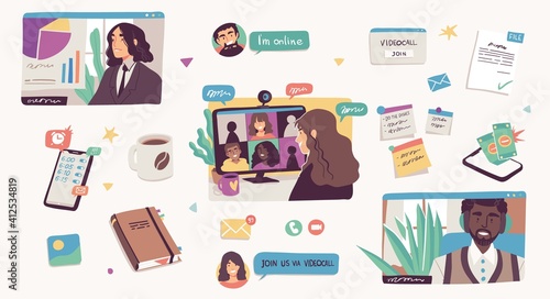 Freelance people work from home. Distant work business concept. Illustrations of men and women teamwork flat illustrations