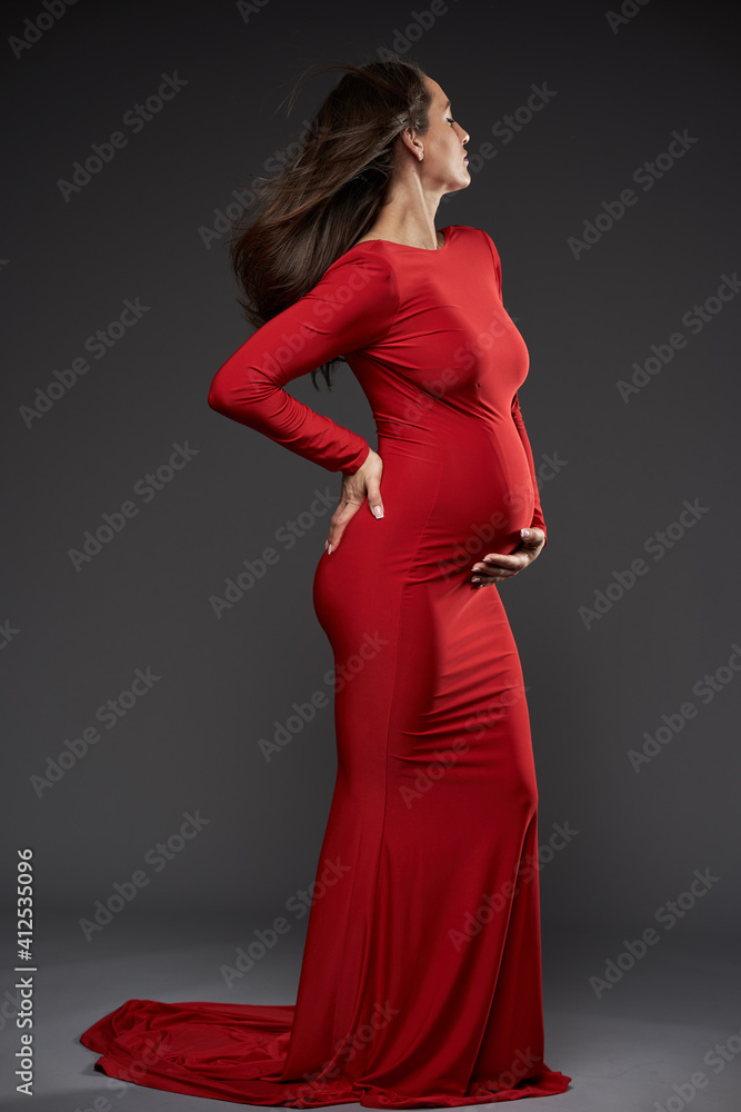 Fototapeta premium Gorgeous pregnant lady in red dress