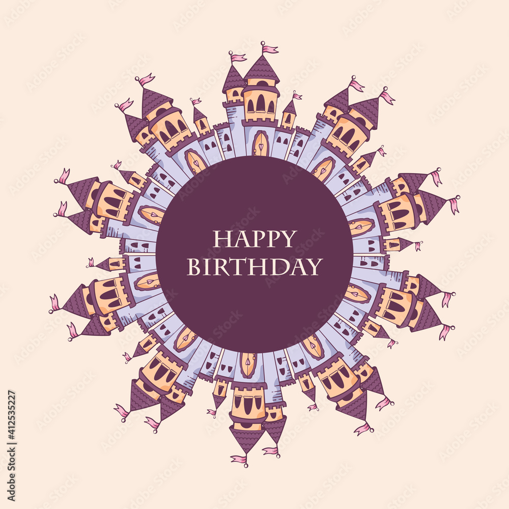 Princess castles round frame template isolated vector illustration
Greeting card.