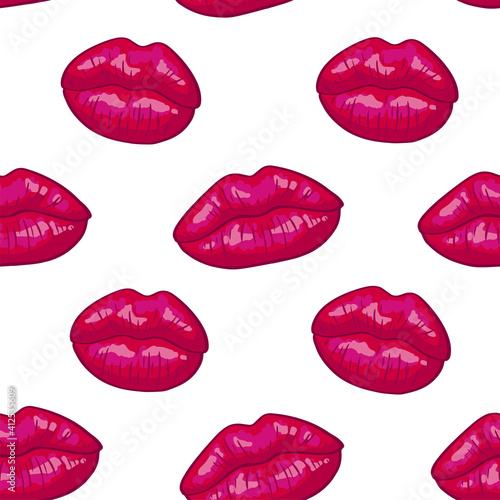 Lips seamless pattern on white background in pop art style. Sexy pink kisses  makeup. Colorful cartoon style. Desing for textile  clothes. Vector illustration.