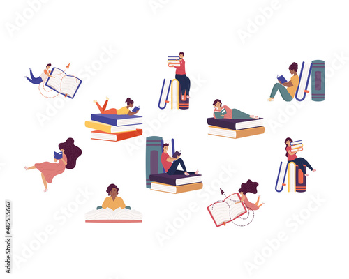 group of ten readers with books ,book day celebration