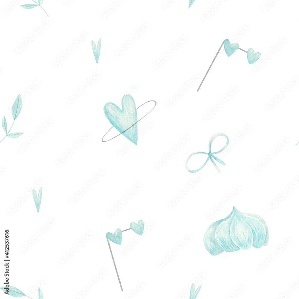 seamless pattern for valentine's day in blue tones watercolor illustration