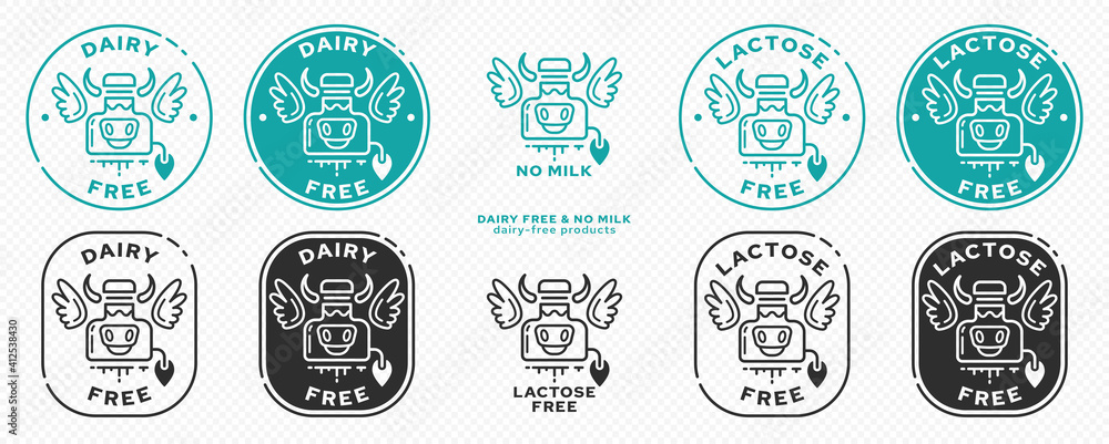 Concept for product packaging. Labeling - dairy-free product, lactose free. Icon of a milk can-cow with wings - a symbol of freedom from the ingredient .. Vector set.