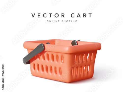 Empty shopping cart isolated on white background. Realistic red shopping basket with shadow. Vector illustration