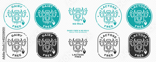 Concept for product packaging. Labeling - dairy-free product, lactose free. Icon of a milk can-cow with wings - a symbol of freedom from the ingredient .. Vector set.