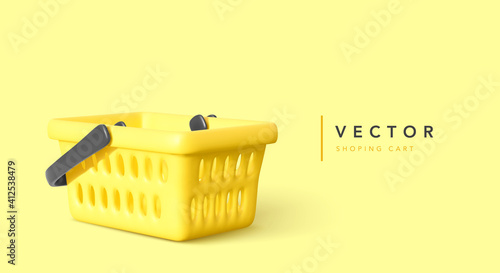 Realistic yellow shopping cart with shadow isolated on yellow background. Vector illustration