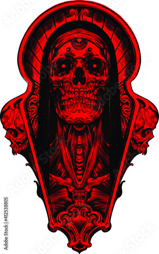 skull red psychedelic sketch tattoo print vector illustration