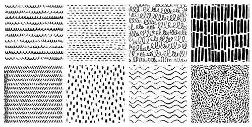 Hand drawn ink pattern and textures set. Expressive seamless abstract vector backgrounds in black and white. Trendy monochrome doodles and brush marks. © mgdrachal