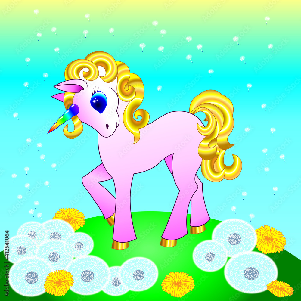 Cute kawaii unicorn with golden mane in a green meadow with dandelions Cute kawaii unicorn with golden mane in a green meadow with dandelions