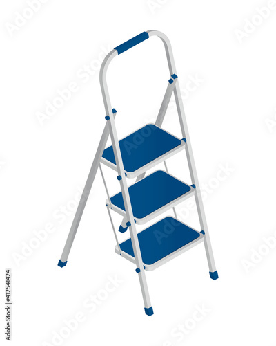 Isometric vector illustration metal and plastic foldable stepladder with wide steps isolated on white background. Realistic colorful household aluminum step ladder icon in flat cartoon style.