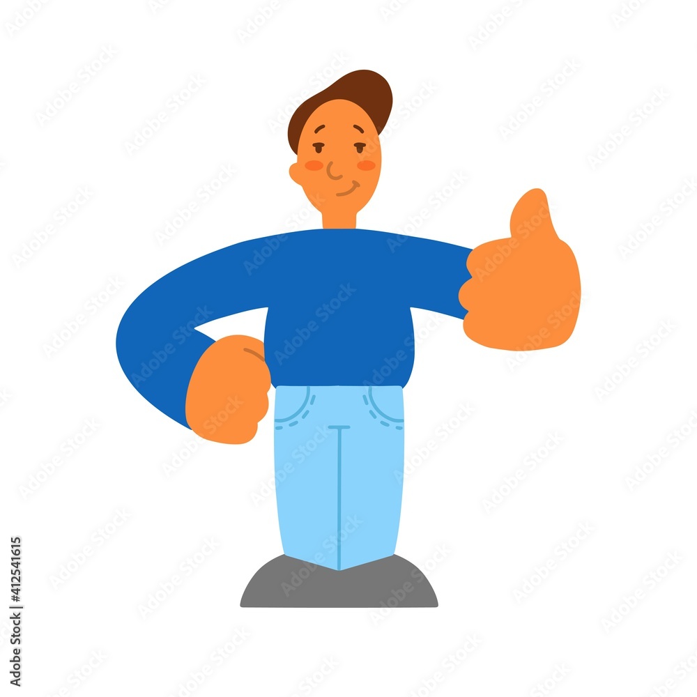 Flat style. Man with thumbs up, good mood gesture. Isolated icon. a disproportionate character with big hands. Flat style. Man with thumbs up, good mood gesture. Isolated icon. a disproportionate character with big hands.
