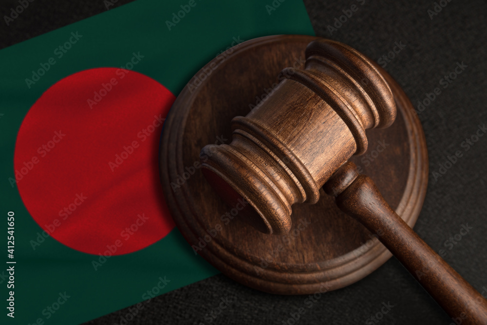 Judge gavel and flag of Bangladesh. Law and justice in Bangladesh. Violation of rights and freedoms