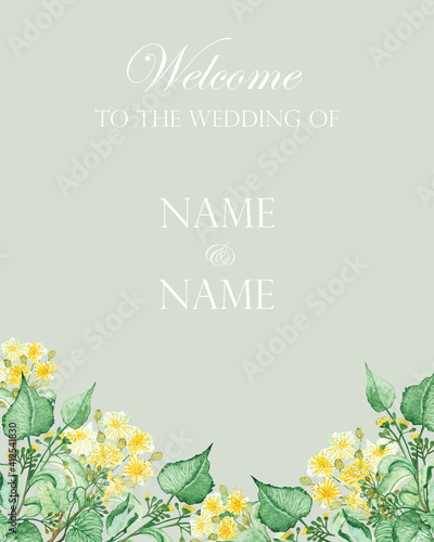 Watercolor hand painted nature floral wedding frame with yellow lime blossom flowers and green leaves bouquet on the green background with welcome text for invitation card design