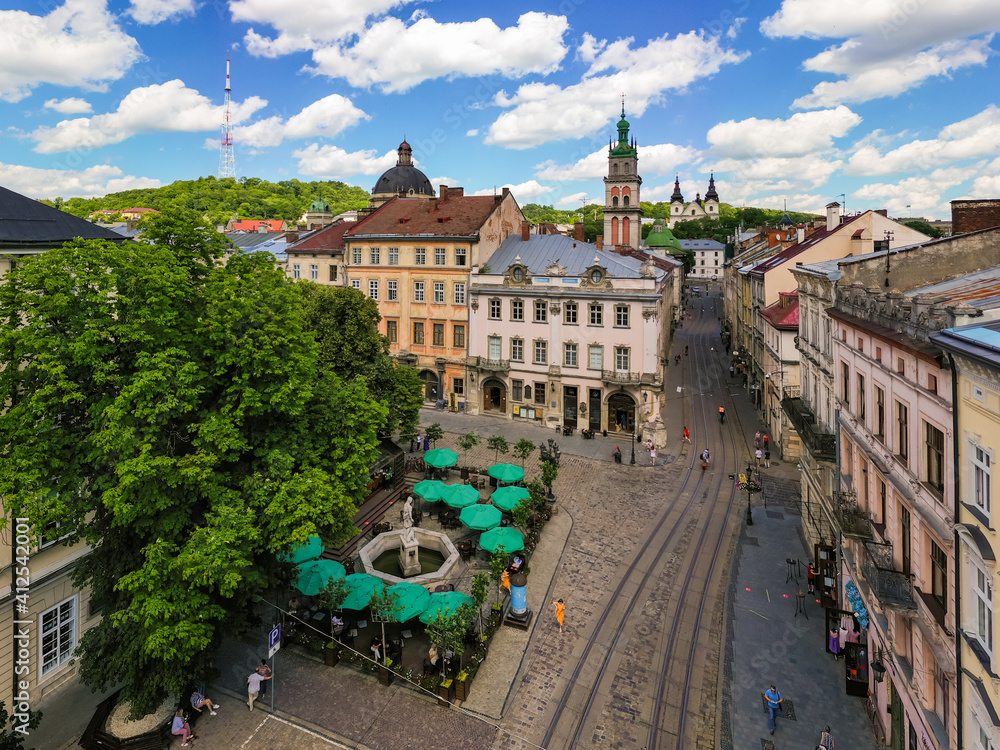 Fototapeta premium Aerial view on Market square in Lviv, Ukraine from drone