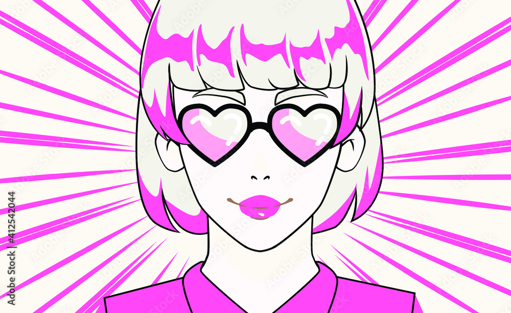 Vaporwave retro cartoon anime character. Сomic strip with short-haired girl and speech bubble. Vaporwave retro cartoon anime character. Сomic strip with short-haired girl and speech bubble.
