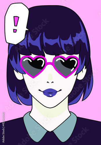 Trendy pop art style poster with gothic anime girl personage wearing heart-shaped sunglasses. Page of the manga comics book with cartoon character.