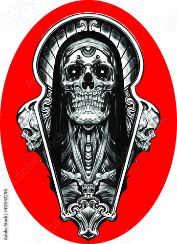 skull red psychedelic sketch tattoo print vector illustration