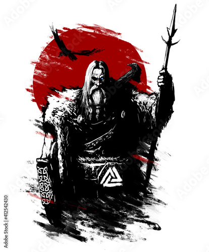 Fotografia The harsh god Odin against the background of a red sun, a raven flies behind him, his eye glows, digital art style, stylized ink drawing