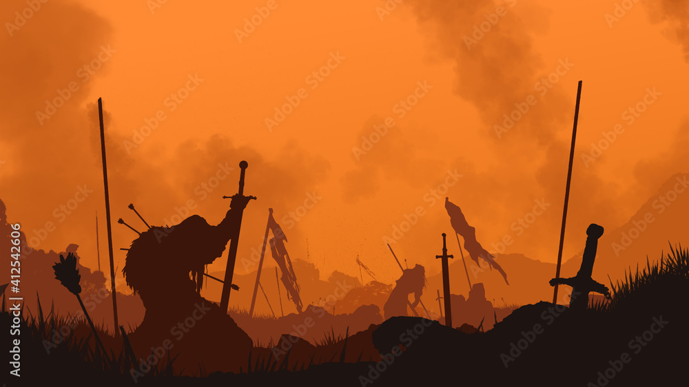 Obraz premium End of the battle. The fallen warrior holds a sword in his hand. A bloody sunset is behind him. The weapon is stuck in the ground. Smoke rises into the sky. 2D illustration.