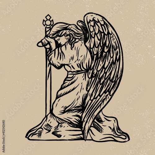 an angel with a sword on a rock