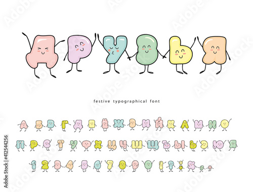 Cartoon Cyrillic emoticons font. Funny friendly characters. Cute alphabet. Colorful letters and numbers isolated on white. For birthday, baby shower, T-shirt design. Vector