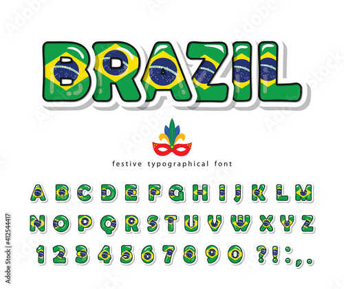 Brazil cartoon font. Brazilian national flag colors. Paper cutout glossy ABC letters and numbers. Bright alphabet for tourism design. Vector