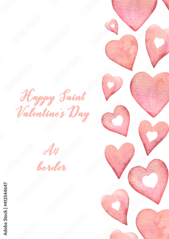 Vertical card for Valentine's Day or wedding or romance gift. With watercolor hearts with white heart inside. Hand drawn romantic illustration, border, frame.
