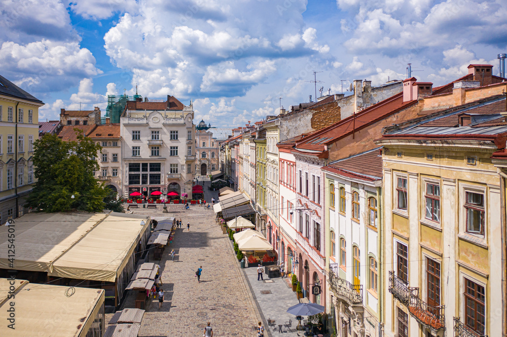 Fototapeta premium Aerial view on Market square in Lviv, Ukraine from drone