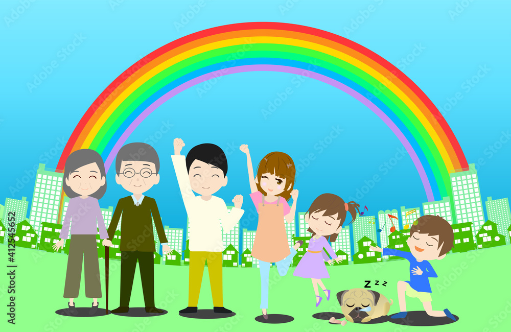 虹と爽やかで元気な家族