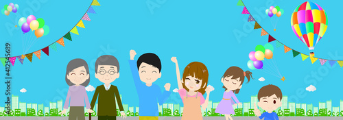 青空と気球と旗の爽やかで元気な家族
