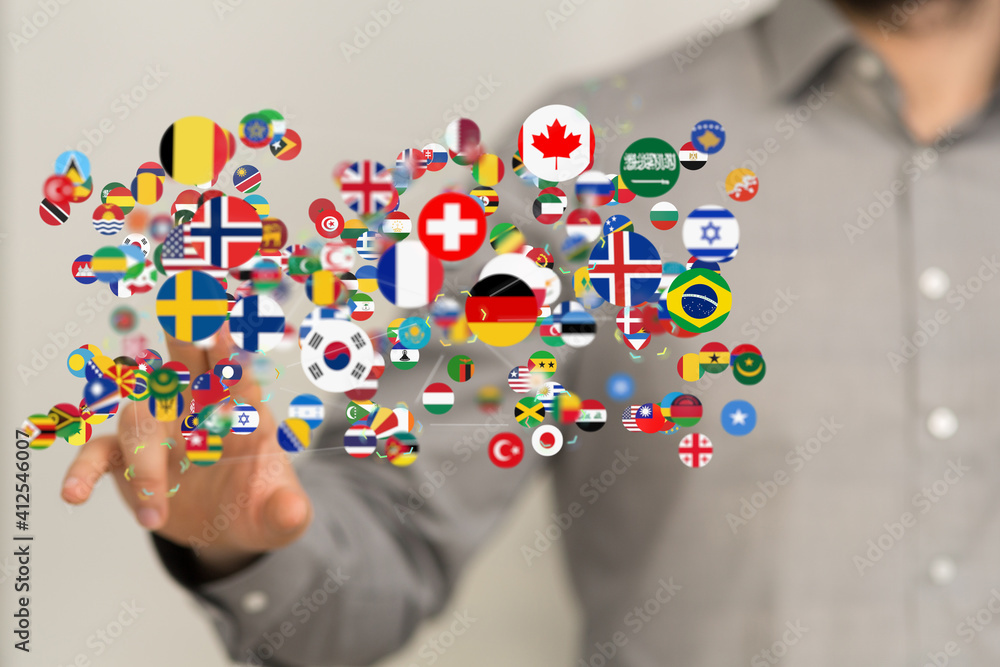 Global communication and international messaging concept, national flags of world Global communication and international messaging concept, national flags of world
