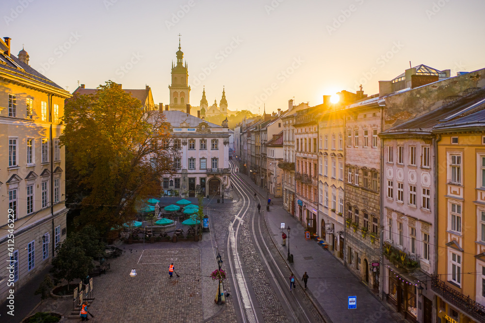 Aerial view on Market square in Lviv, Ukraine from drone