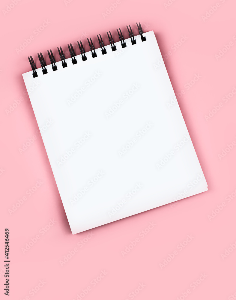 Large white notepad on a black spiral, with empty space for text, copy space on a delicate pink background. Concept - business, school, student supplies. Good quality vertical photo. Large white notepad on a black spiral, with empty space for text, copy space on a delicate pink background. Concept - business, school, student supplies. Good quality vertical photo.