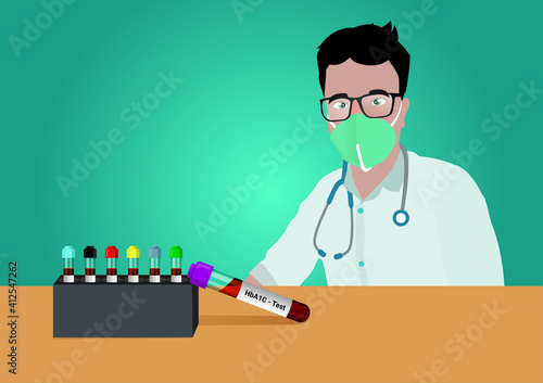 Blood sample for HbA1c (Hemoglobin A1c). Diabetic treatment monitoring test. The medical testing concept with a doctor vector in the laboratory background.