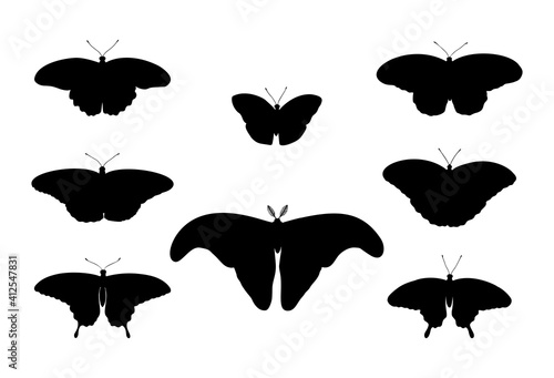 Tropical silhouette butterflies set:  Attacus Atlas, Monarch, Blue Moon, Driada (Paper Rice), Blue Morpho, Papilio, Swallowtail. Drawing insects. Hand drawn vector illustration.