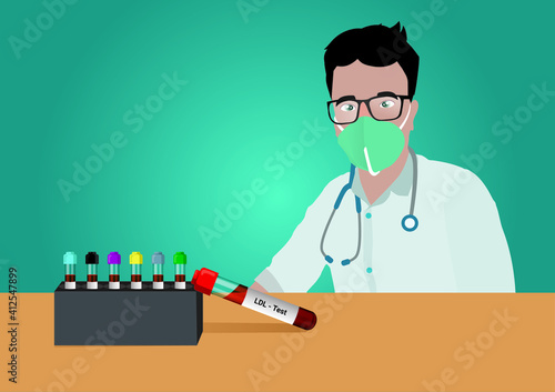 Blood sample for LDL (low-density lipoprotein) test. Lipid profile. Bad Cholesterol. The medical testing concept with a doctor vector in the laboratory background.