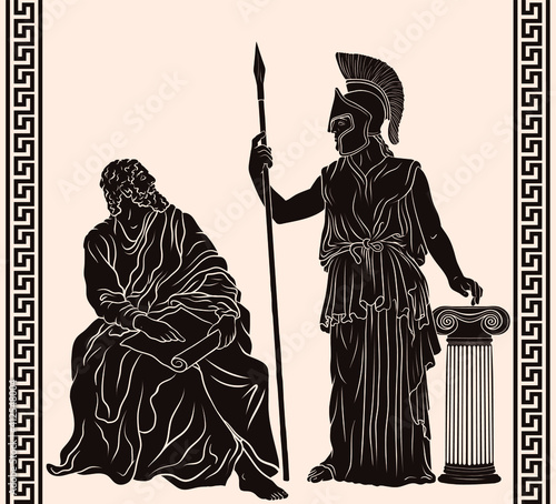 Ancient Greek old man philosopher sage sits with papyrus in his hands and goddess Pallas Athena in a helmet with a spear in her hand stands next to the column.