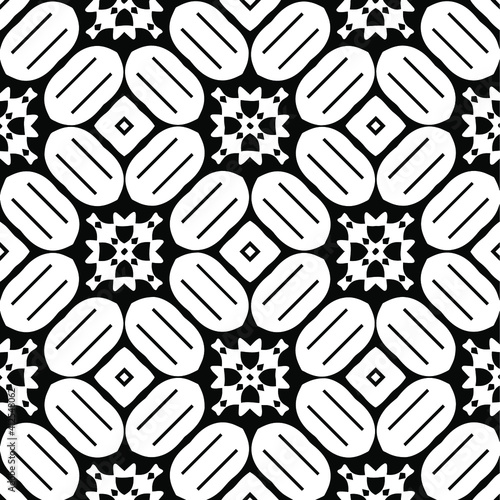 Geometric vector pattern with triangular elements. Seamless abstract ornament for wallpapers and backgrounds. Black and white colors.