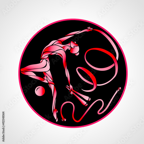 gymnastic girl in a circle with hoop, clubs, a ribbon, skipping rope and a ball