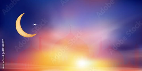 Islamic greeting ramadan kareem card design background with Crescent moon and Mosque on colourful sunset sky background, Background with copy space for celebration of the Muslim community festival