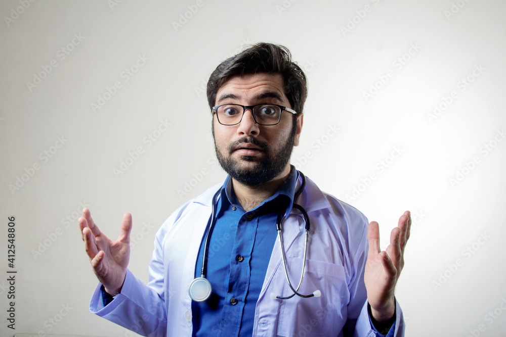 A doctor pointing forwards with expressions A doctor pointing forwards with expressions