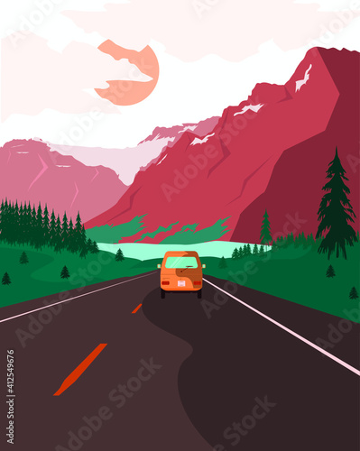 summer landscape of mountains and cars driving away into the distance