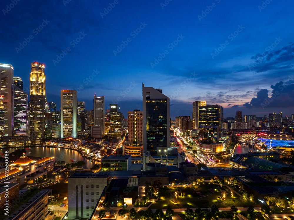 Obraz Wide panorama of Singapore cityscape at magic hour.
