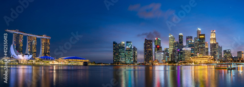Ultra Wide angle image of Singapore Marina Bay cityscape at magic hour