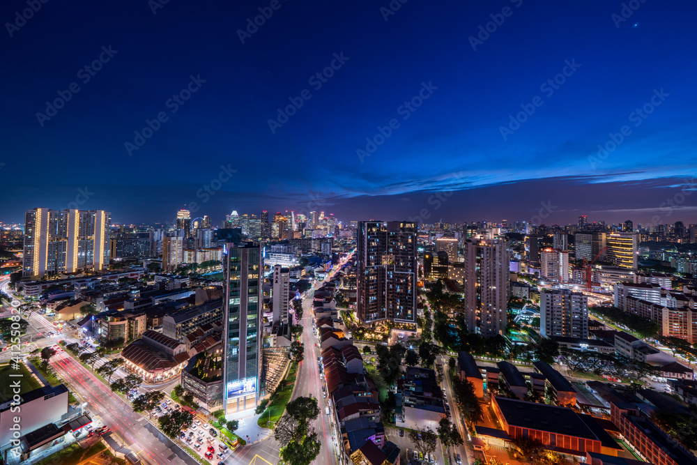 City scape of Singapore central area at dusk.