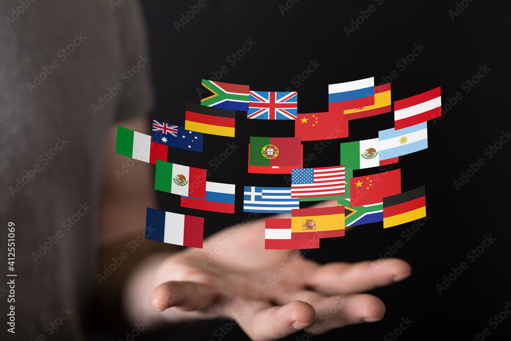 Global communication and international messaging concept, national flags of world