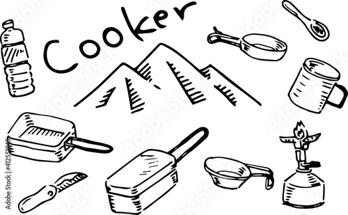 ラフな手書きの山と調理道具クッカー(モノクロ)