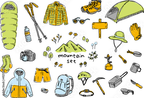 ラフな手描きの登山道具セット