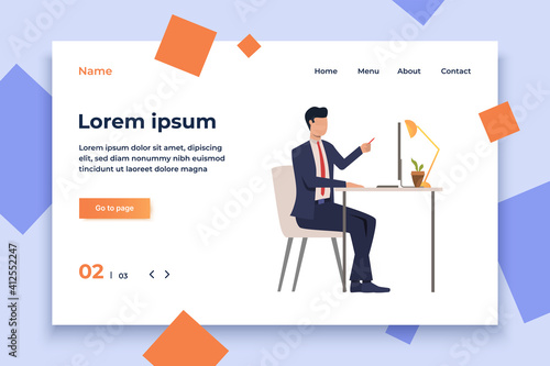 Male executive pointing at computer screen vector illustration. Manager, CEO, analyst. Business concept. Creative design for websites, business presentations, banners